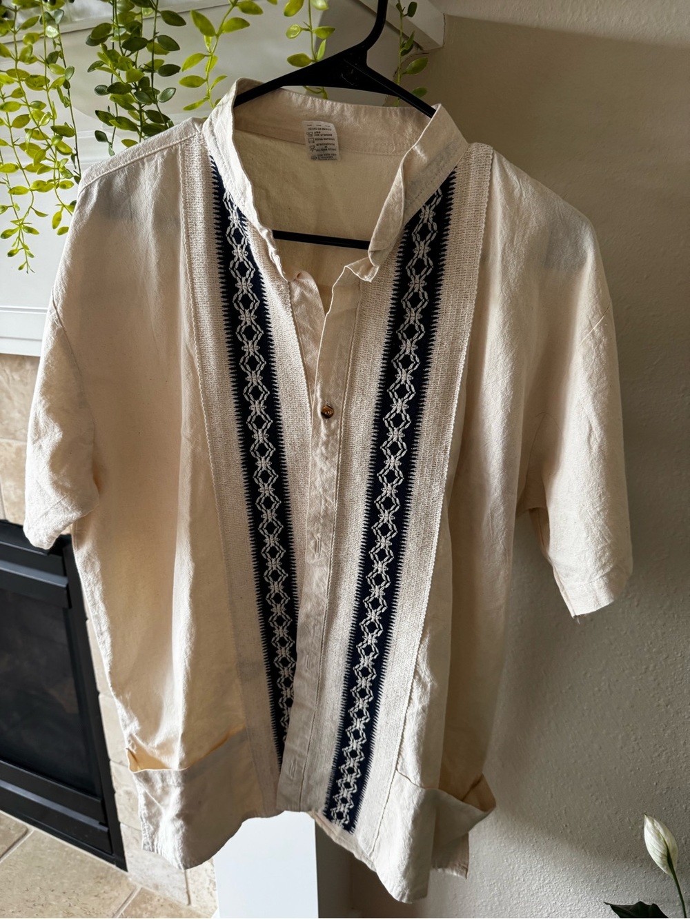 Cream Short-Sleeve Guayabera-Style Shirt with Navy Embroidery